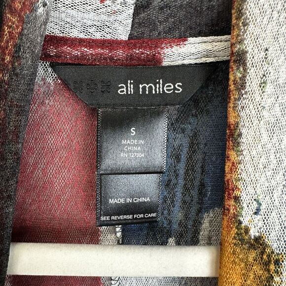 Ali Miles Black Red Geometric Artsy Abstract Shawl Neckline Cardigan Sheer Sz. S - Picture 11 of 14